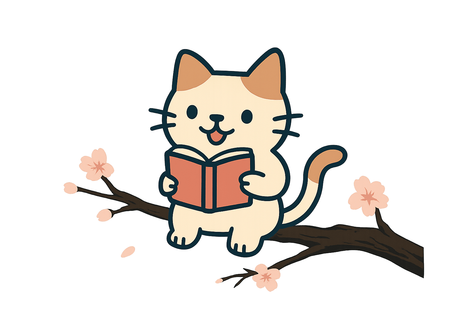 Cat reading on a cherry tree