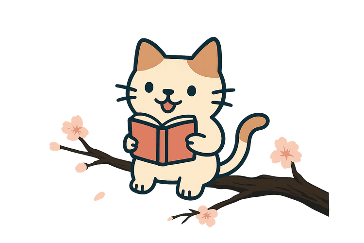 Cat reading on a cherry tree
